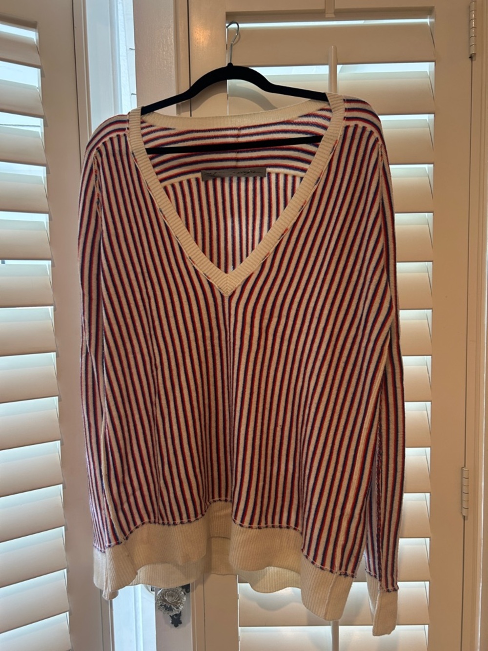Raquel Allegra Striped V‑Neck Sweater in Red, Navy and Cream
